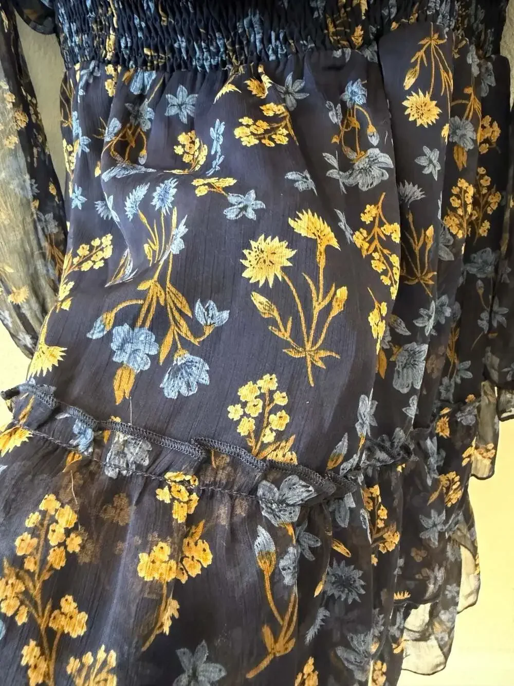 Allegra K Smocked Waist Sheer Sleeve Ruffle Layered Floral Chiffon Mini Dress